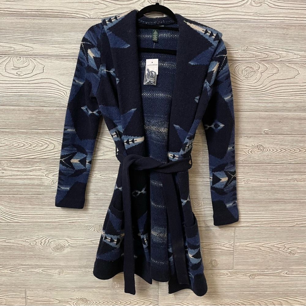 RALPH LAUREN Southwestern Belted Cardigan Hooded Blue Aztec Size Small